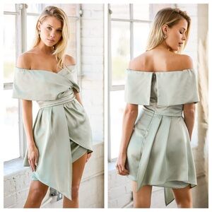 Lulus Always Celebrating Sage Green Satin Off-the-Shoulder
Mini Dress